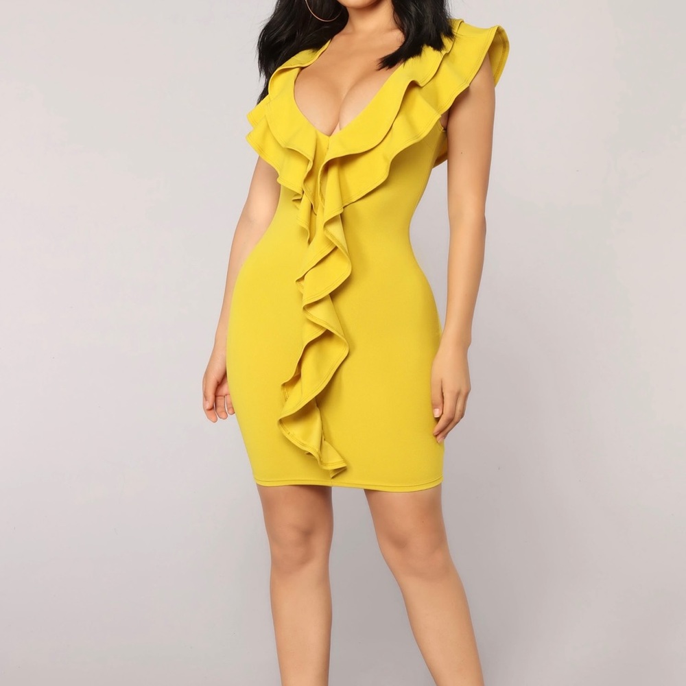 Fashionnova mustard ruffle mini dress size large brand new